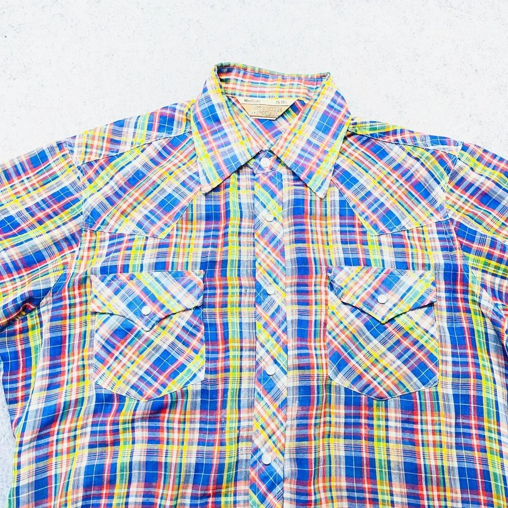 Vintage Sears Western Wear Shirt Men Medium Multi Plaid Pearl Snap Short Sleeve - Picture 2 of 8